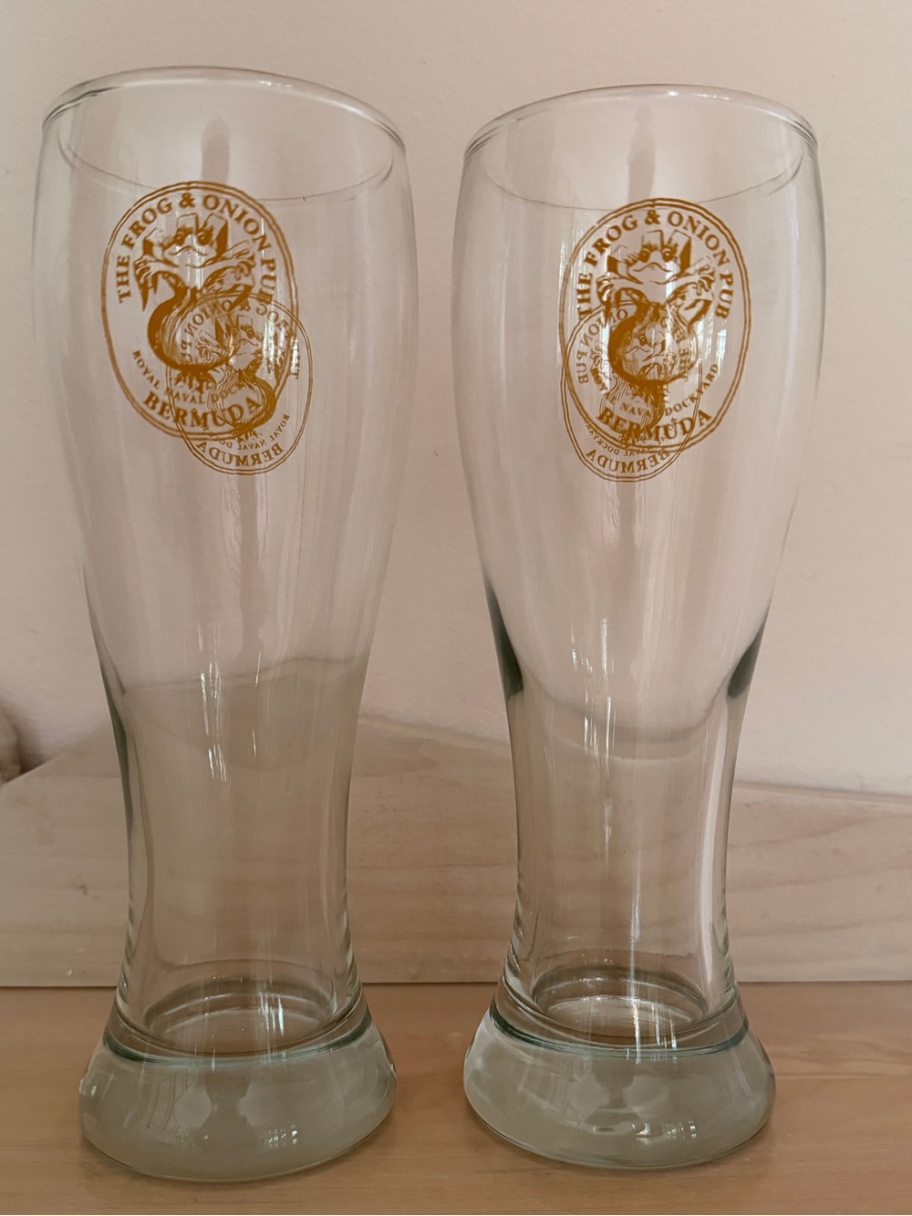 NEW Pilsner 2 Beer Glasses FROG & ONION PUB Bermuda Royal Navy Yard ENGLISH